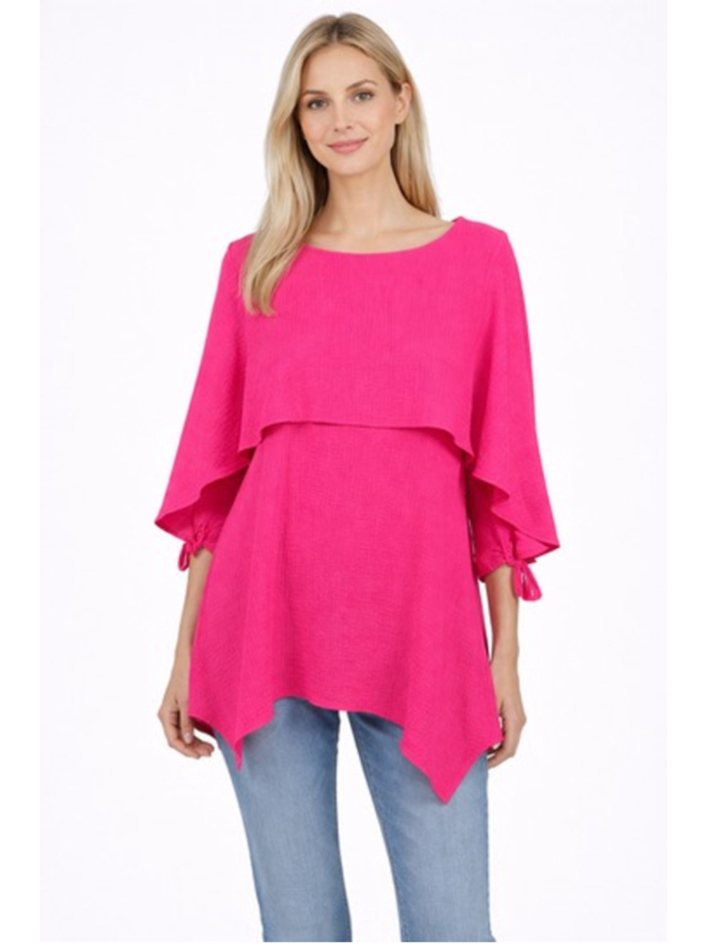 IC by Connie K Pink Crinkle Top Tiered Layered Tunic Tie Sleeve Lagenlook Size L